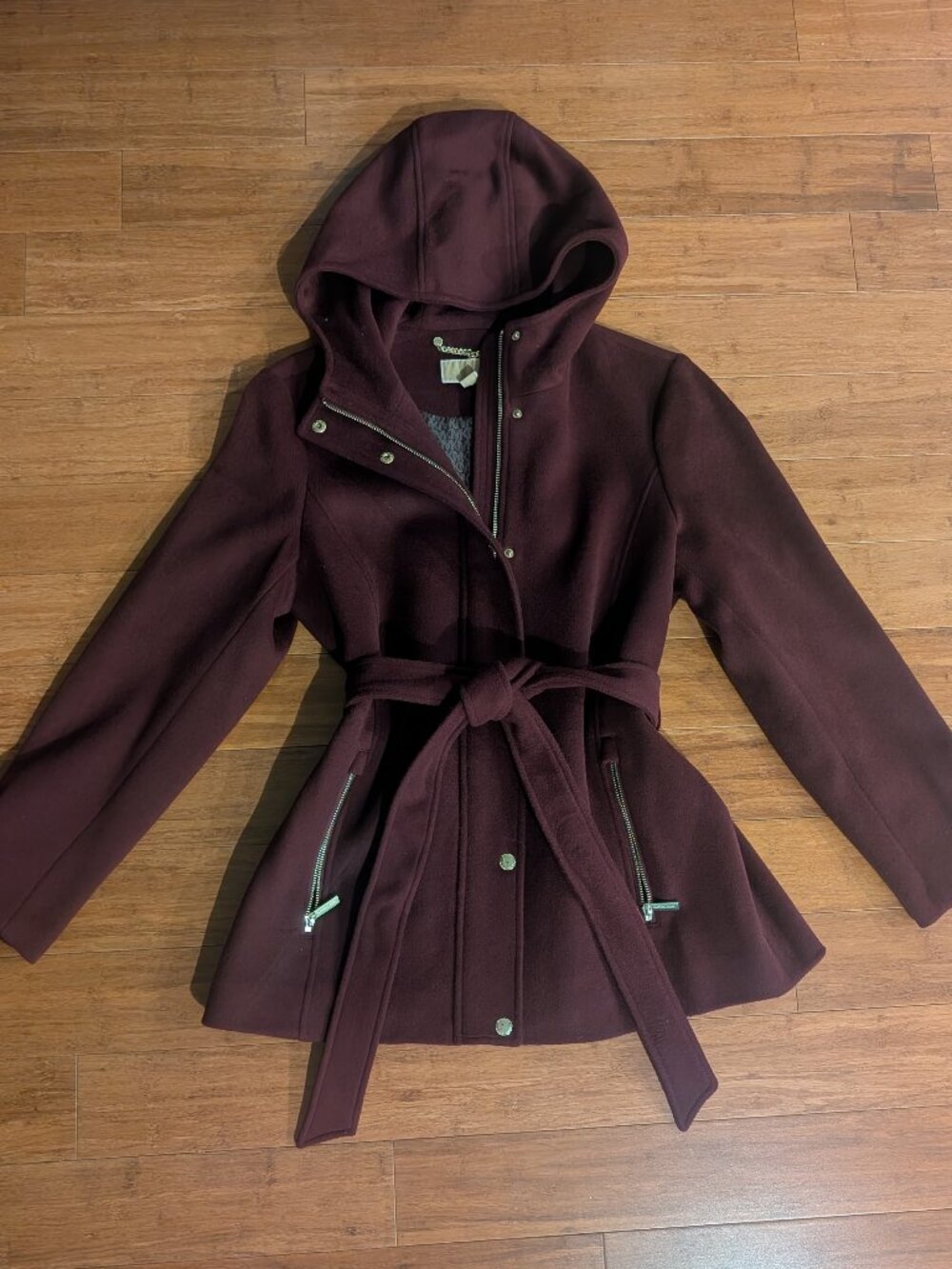 Michael Kors Burgundy Hooded Belted Wool Blend Coat Size L